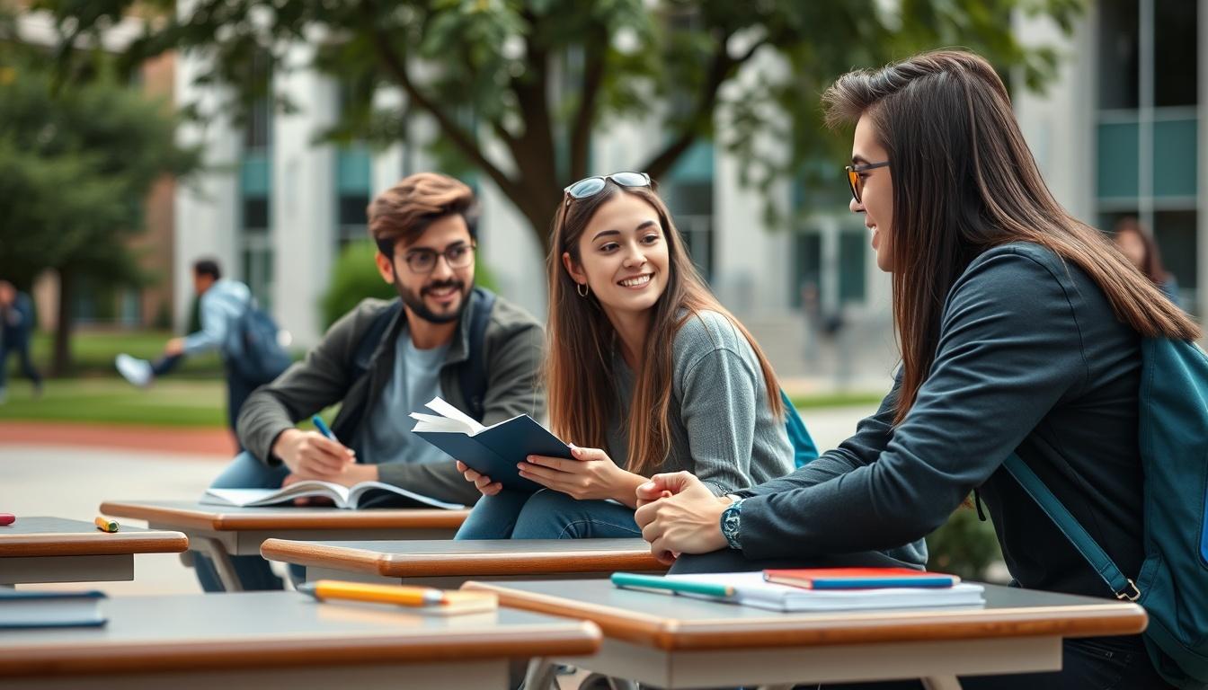 Students studying together in modern classroom